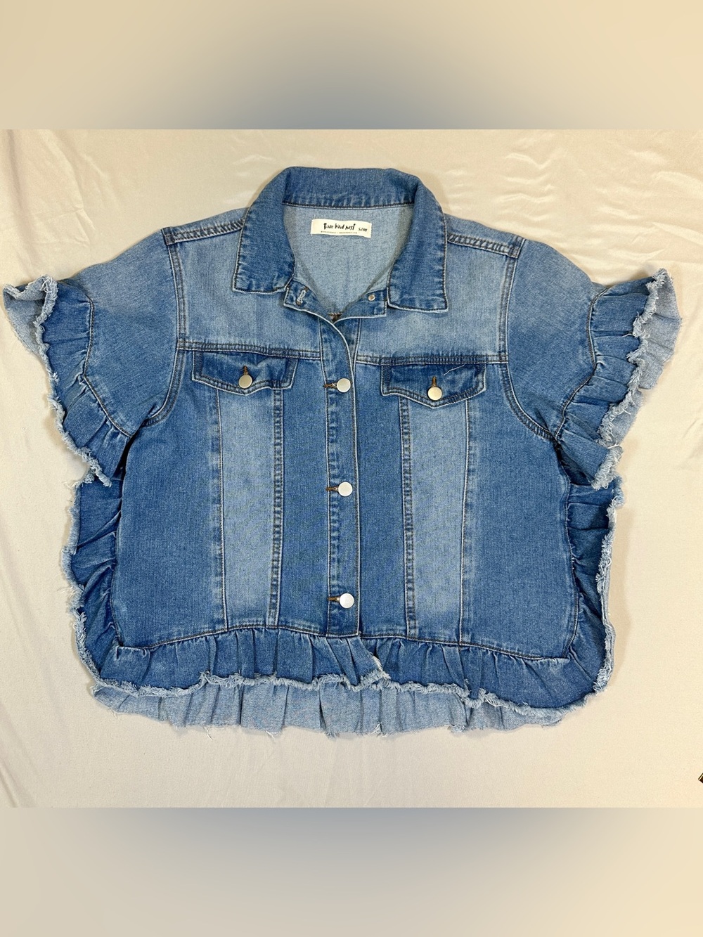 Three Bird Nest Ruffle-Hem Denim Jacket - Blue